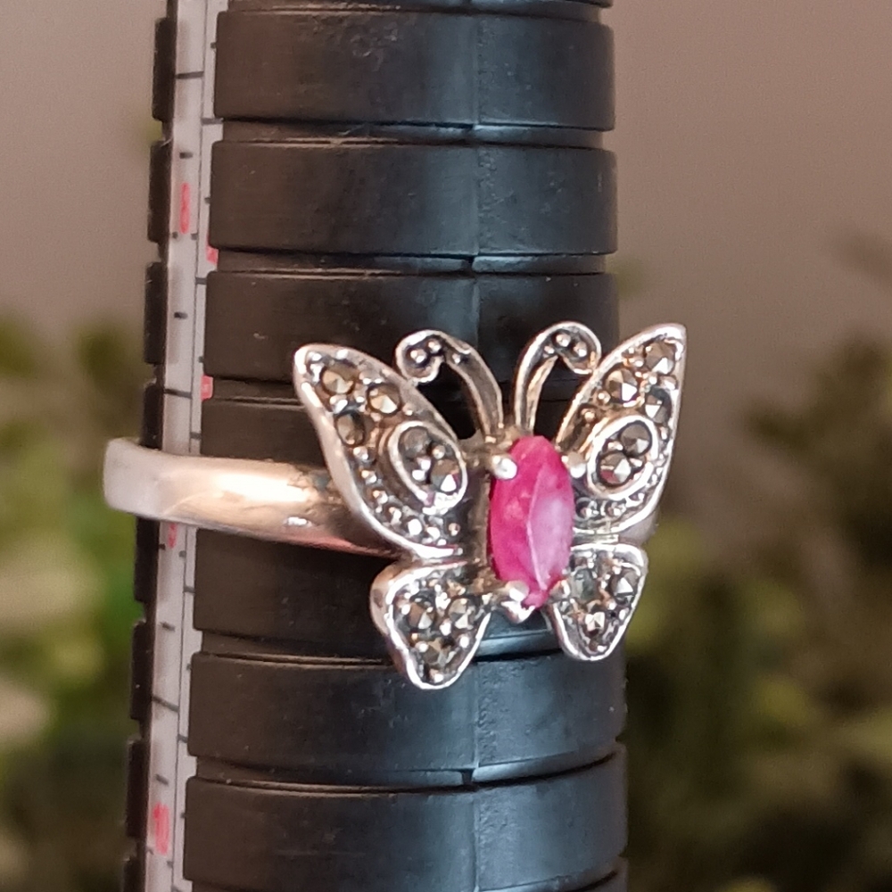 Ruby Butterfly Marcasite Ring 925 Sterling Silver Size 9